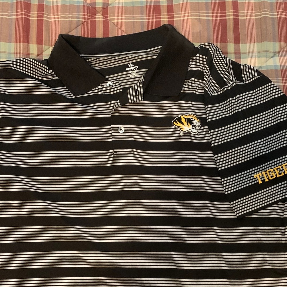 Black and white pinstriped Mizzou Tigers polo